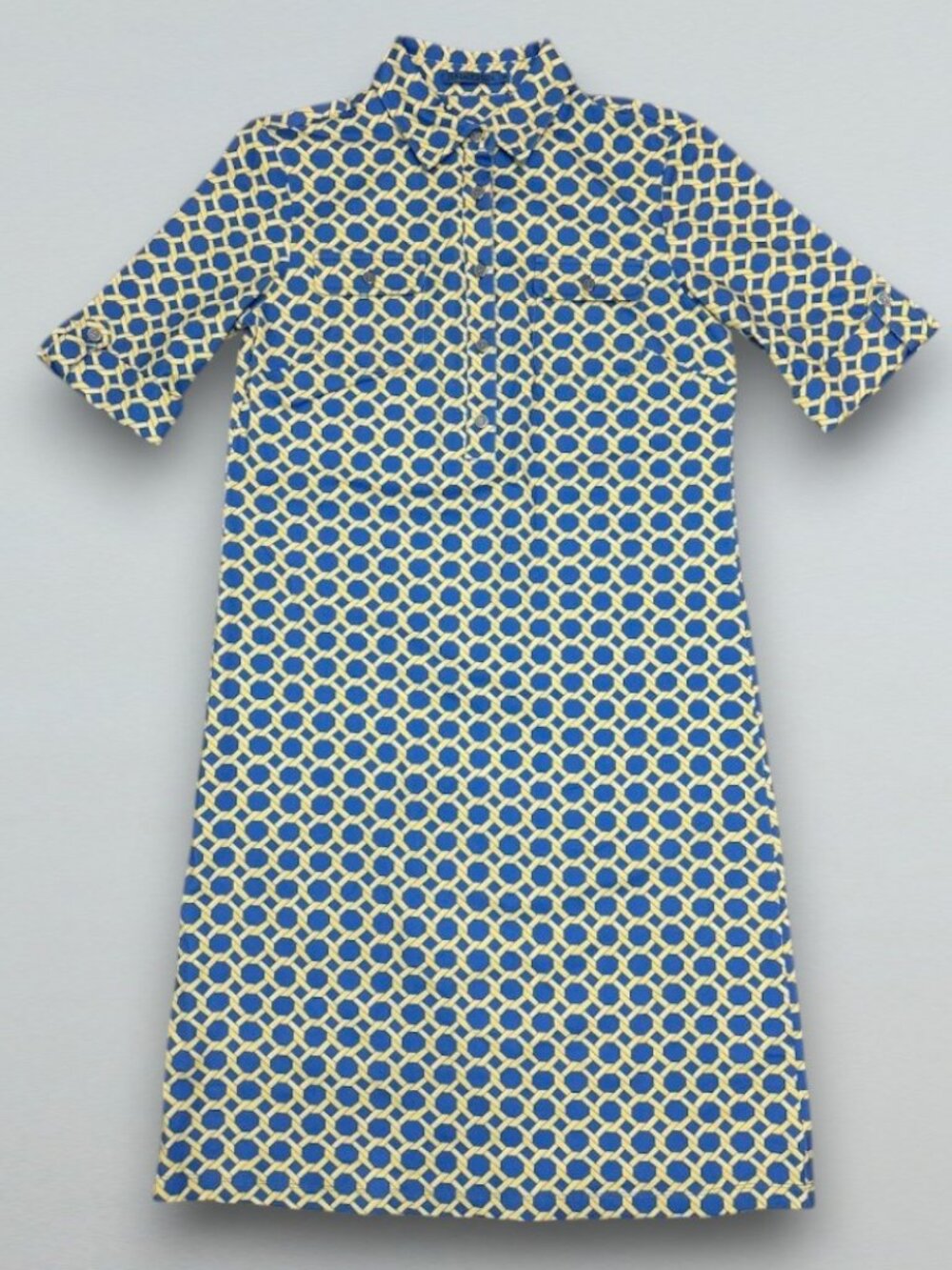 Geometric Print Collared Button Front Midi Dress Blue Cream XS - Picture 1 of 5